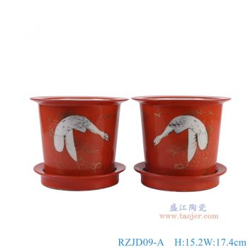 RZJD09-A 红底描金白鹤纹花盆一对 高15.2直径17.4底径13.8重量1.2KG
