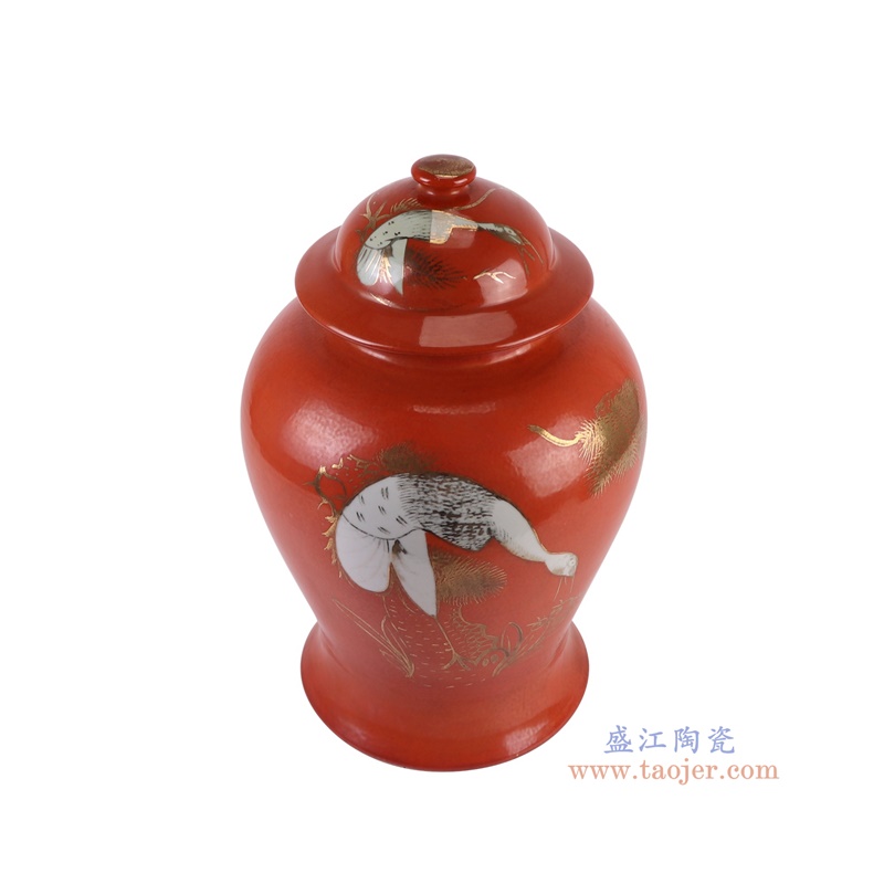 RZJD10-A红底描金白鹤纹将军罐俯视图