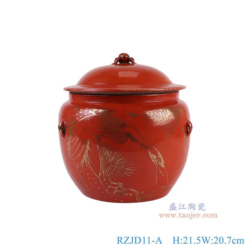 RZJD11-A红底描金仙鹤纹饭鼓正面图