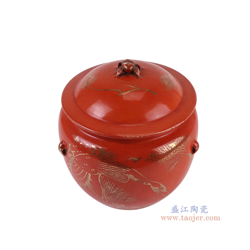 RZJD11-A红底描金仙鹤纹饭鼓俯视图