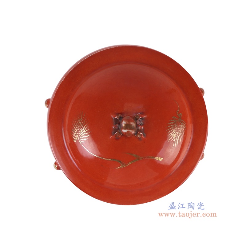 RZJD11-A红底描金仙鹤纹饭鼓顶部图