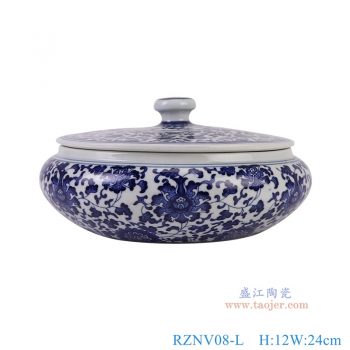 RZNV08-L 青花缠枝莲扁肚茶叶罐大号 高12直径24底径13.4重量2.3KG
