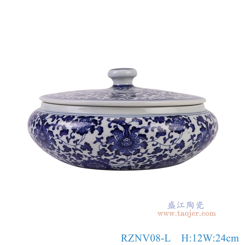 RZNV08-L青花缠枝莲扁肚茶叶罐大号正面图