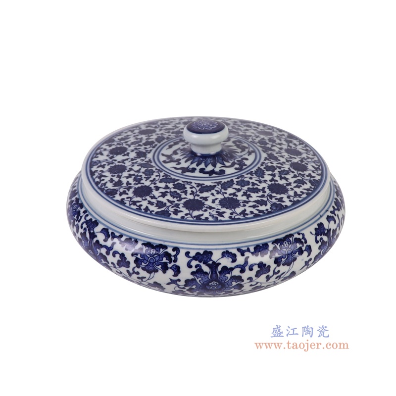 RZNV08-L青花缠枝莲扁肚茶叶罐大号俯视图