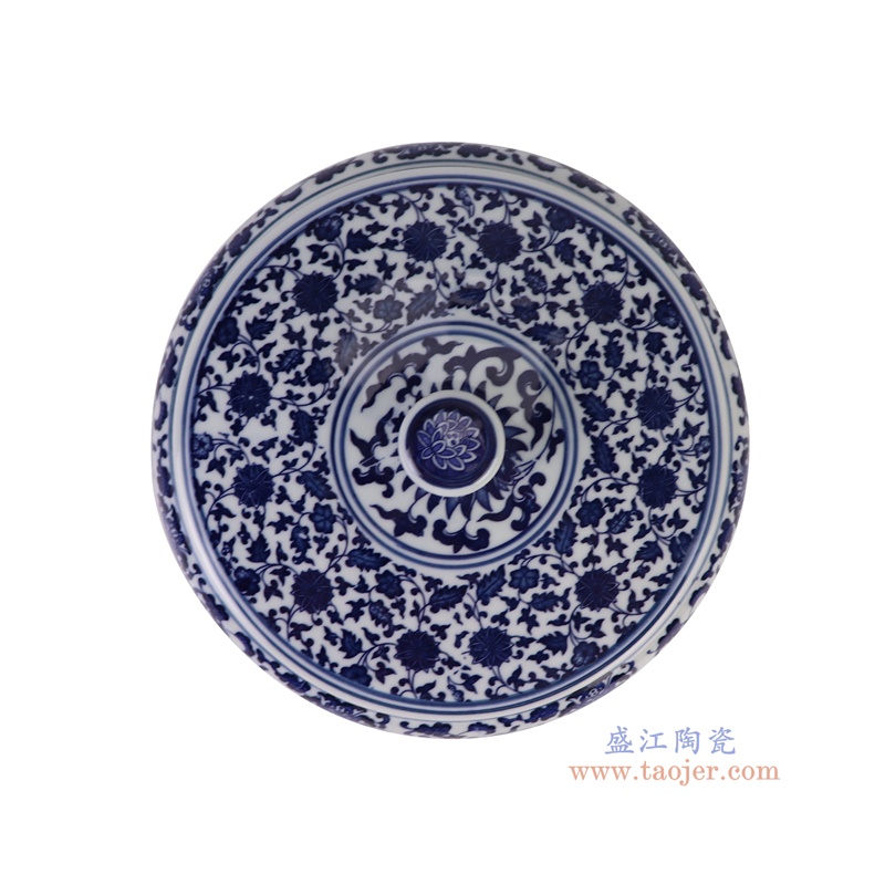 RZNV08-L青花缠枝莲扁肚茶叶罐大号顶部图