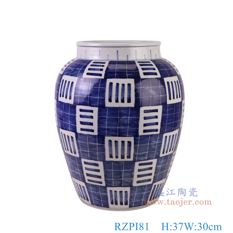 RZPI81青花蓝底方格线纹冬瓜罐正面图
