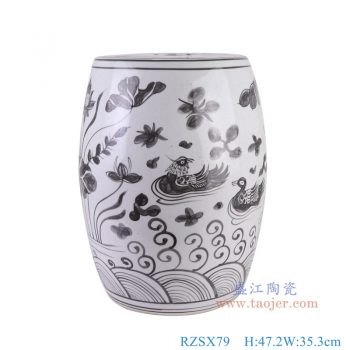 RZSX79 墨彩荷花鸳鸯戏水纹鼓凳凉墩 高47.2直径35.3底径25.8重量9.35KG