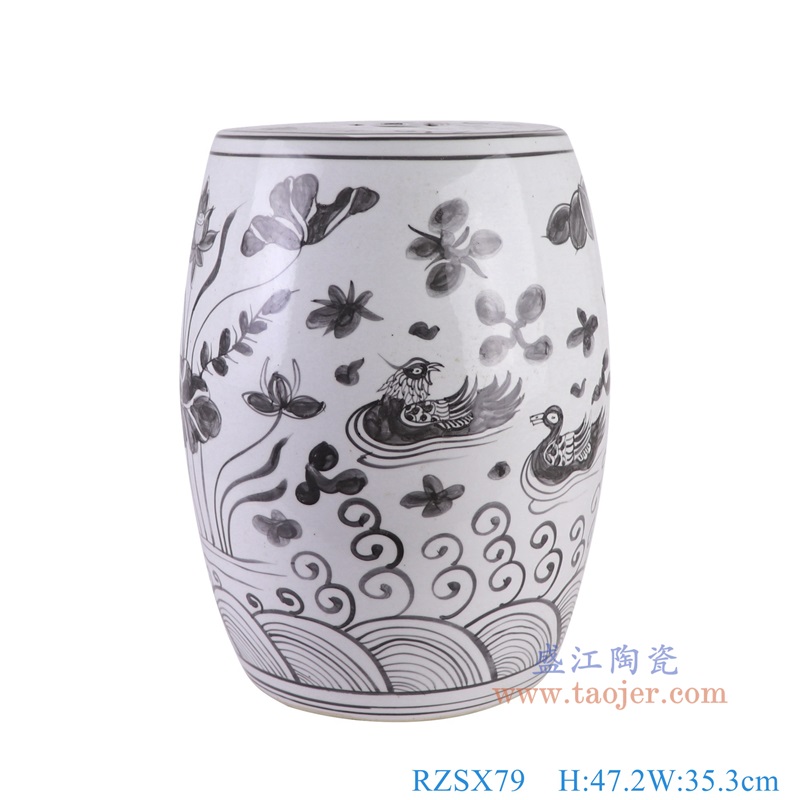 RZSX79墨彩荷花鸳鸯戏水纹鼓凳凉墩正面图