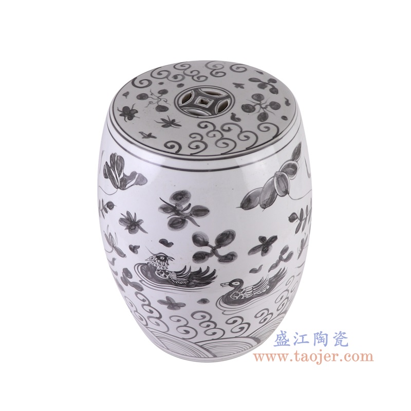 RZSX79墨彩荷花鸳鸯戏水纹鼓凳凉墩俯视图