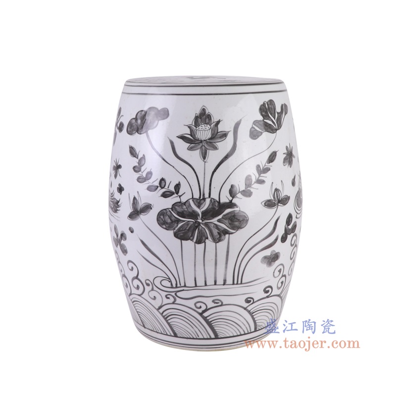 RZSX79墨彩荷花鸳鸯戏水纹鼓凳凉墩侧面图