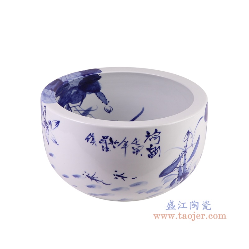 RZTH12 300件青花手绘荷花水浅缸俯视图