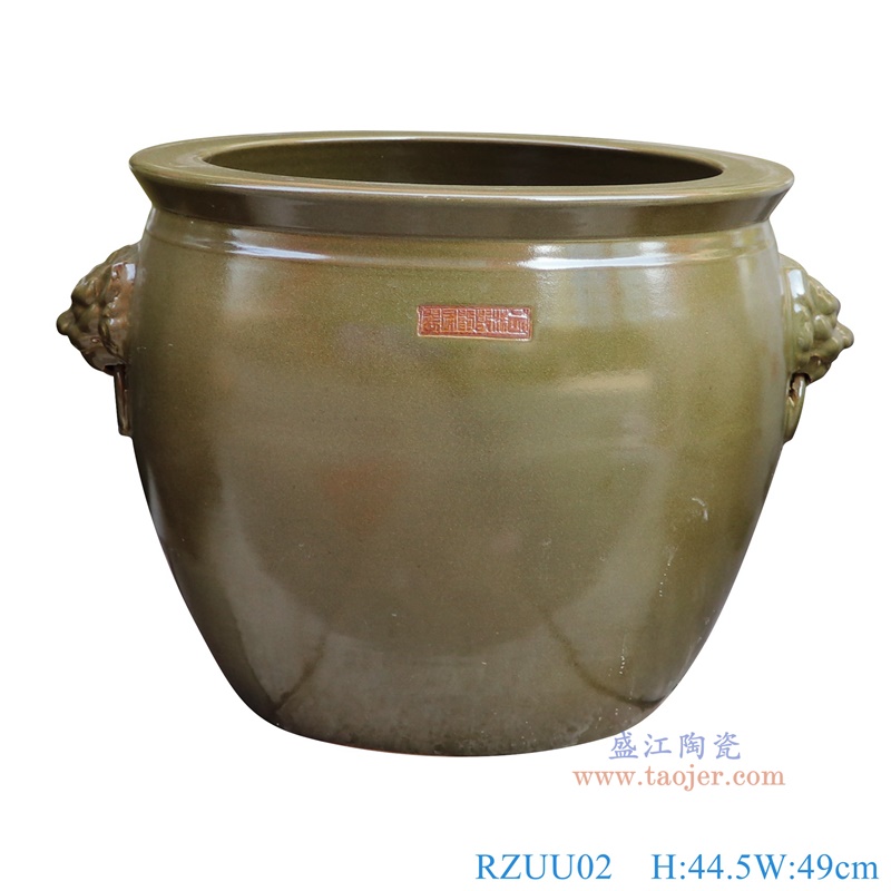 RZUU02茶叶末釉狮子头耳鱼缸正面图