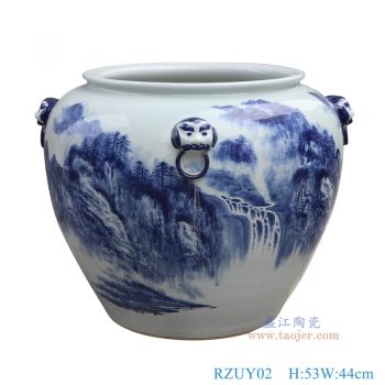 RZUY02 青花山水狮子头耳大缸 高53直径44