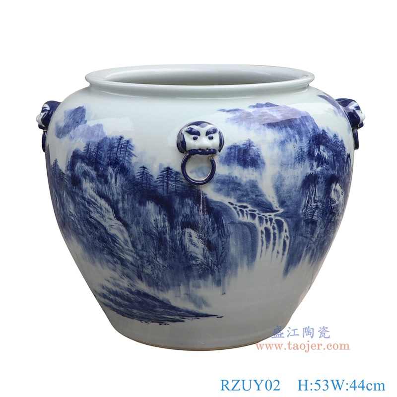 RZUY02青花山水狮子头耳大缸正面图