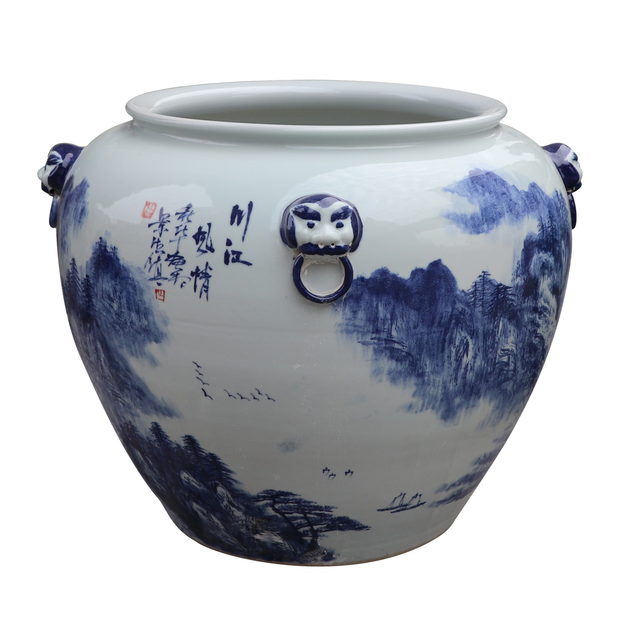 RZUY02青花山水狮子头耳大缸侧面图