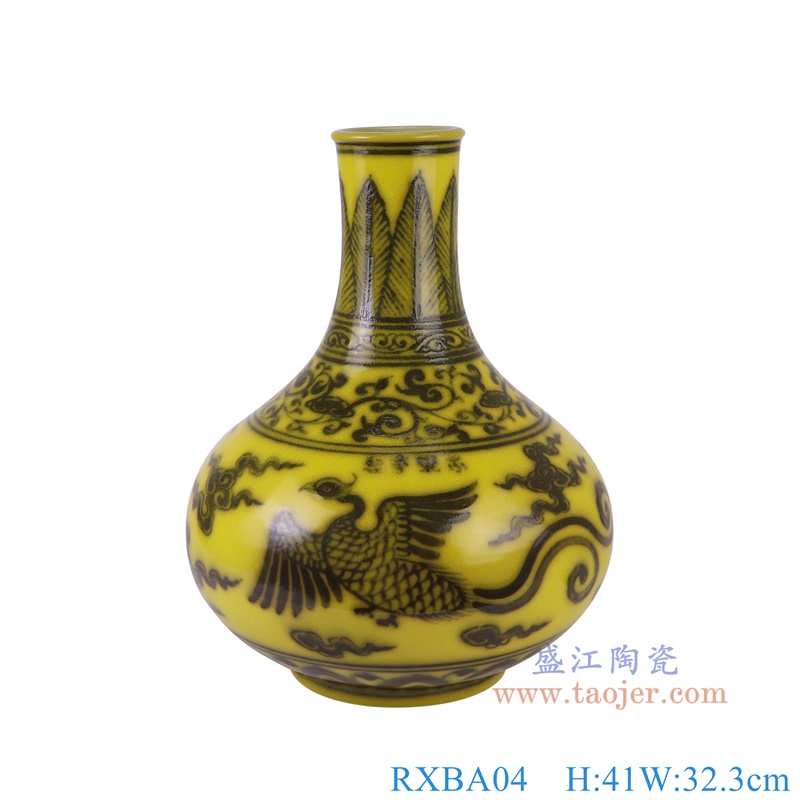 RXBA04黄底凤凰纹天球瓶正面图