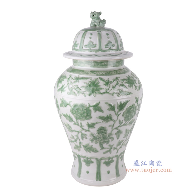 RYNQ275白底绿缠枝莲将军罐侧面图