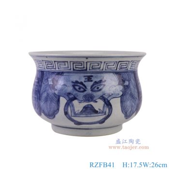 RZFB41 青花狮子头纹小缸香炉 高17.5直径26底径14.6重量2.8KG