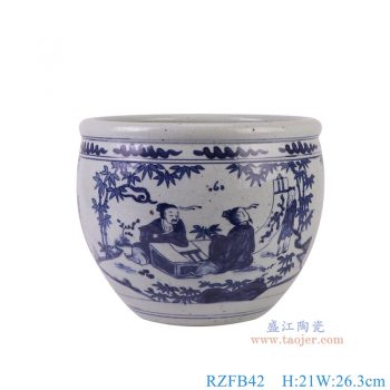 RZFB42 青花竹林七贤人物小缸 高21直径26.3底径14重量3.35KG