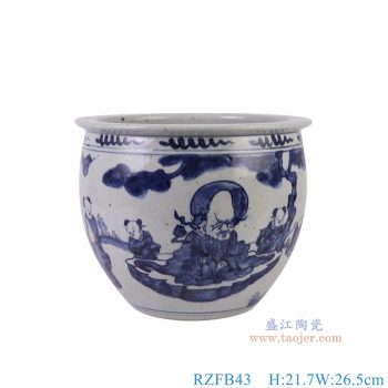 RZFB43 青花童子人物小缸 高21.7直径26.5底径13.2重量3.35KG