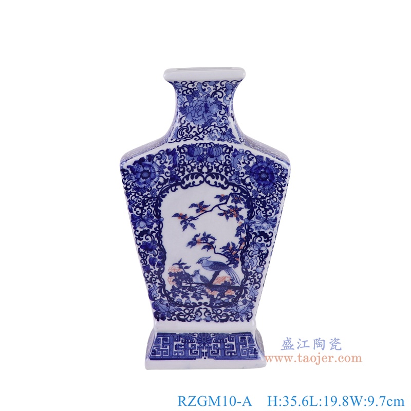 RZGM10-A青花花鸟四面方口扁肚瓶正面图
