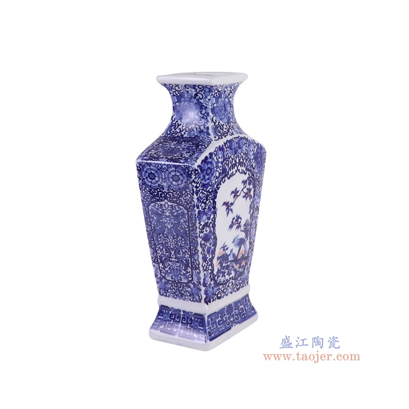 RZGM10-A青花花鸟四面方口扁肚瓶侧面图