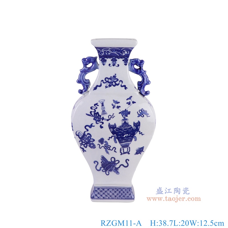RZGM11-A青花博古纹四方双耳瓶正面图