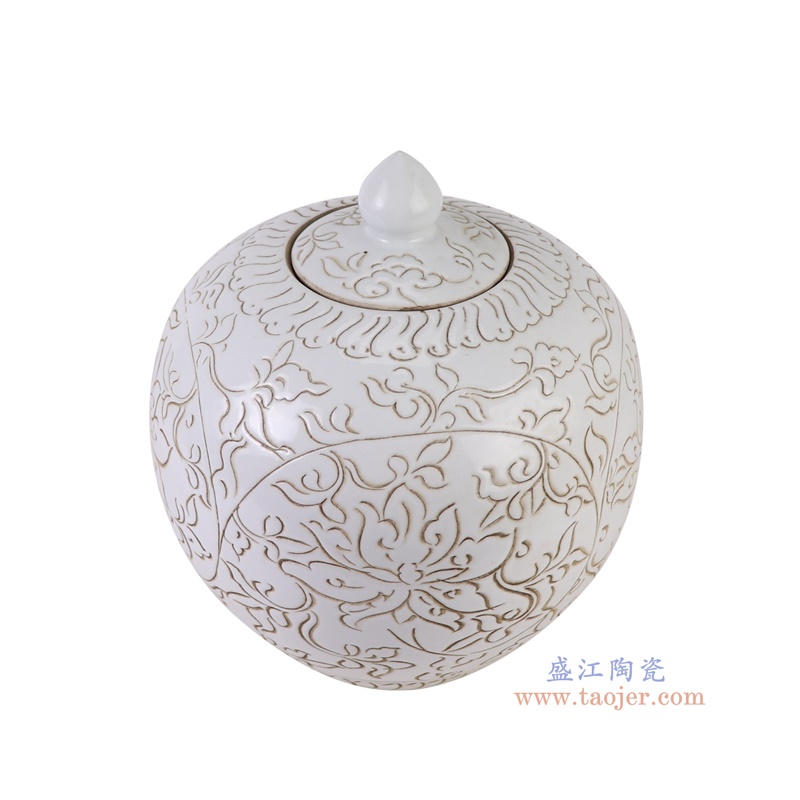 RZOY19-B白底雕刻缠枝莲西瓜罐俯视图