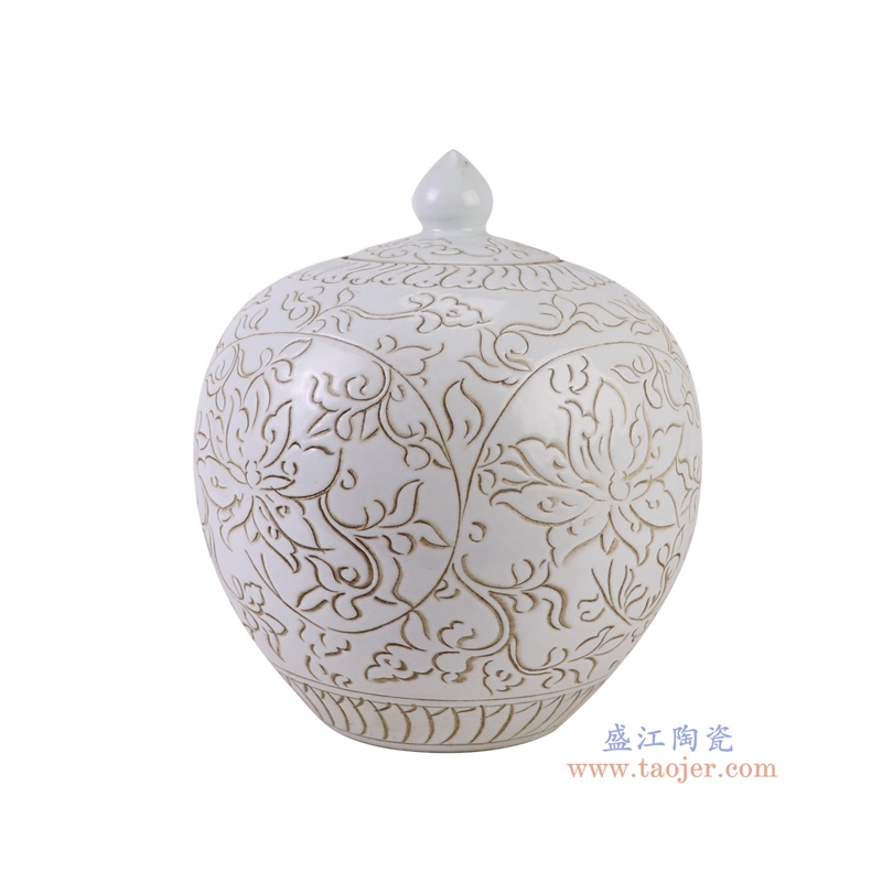RZOY19-B白底雕刻缠枝莲西瓜罐侧面图