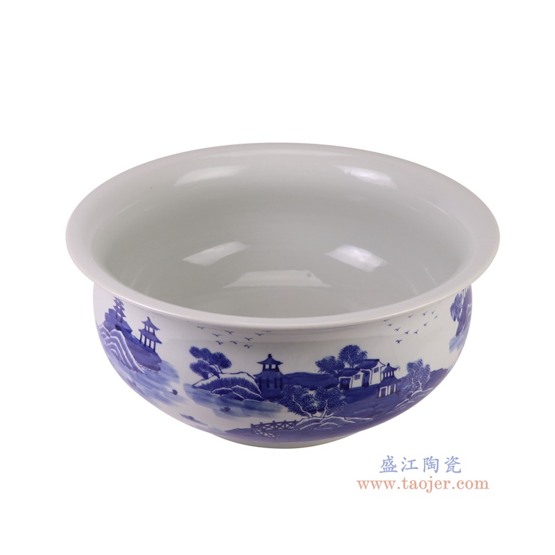 RZOY37青花山水梧桐水浅鱼缸俯视图