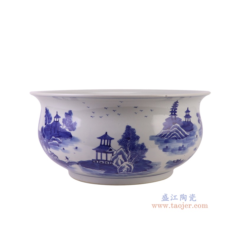 RZOY37青花山水梧桐水浅鱼缸侧面图