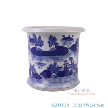 RZOY39 青花山水梧桐笔筒小缸 高22.5直径24.5底径19重量3.5KG