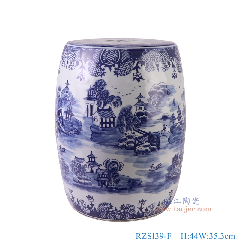 RZSI39-F青花梧桐山水凳子凉墩正面图