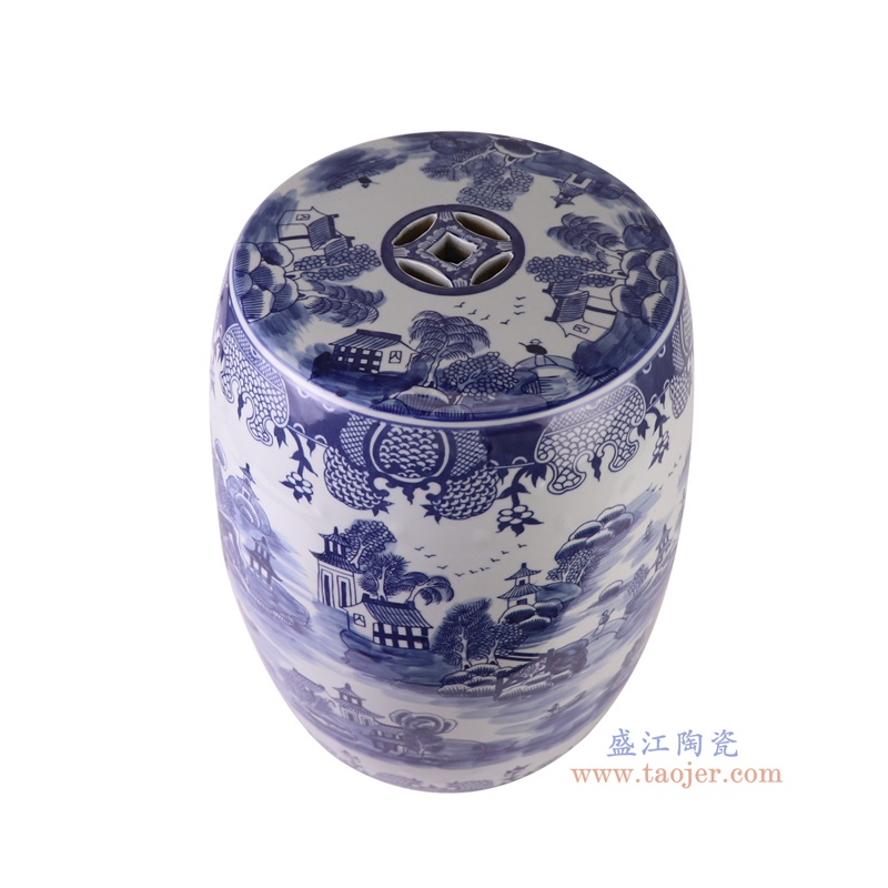 RZSI39-F青花梧桐山水凳子凉墩俯视图