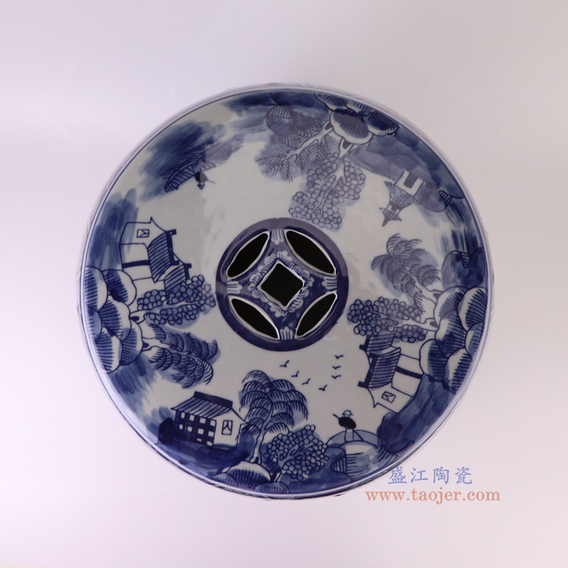 RZSI39-F青花梧桐山水凳子凉墩顶部图