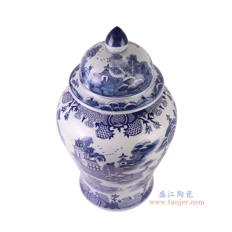 RZSI47-A青花梧桐山水将军罐俯视图