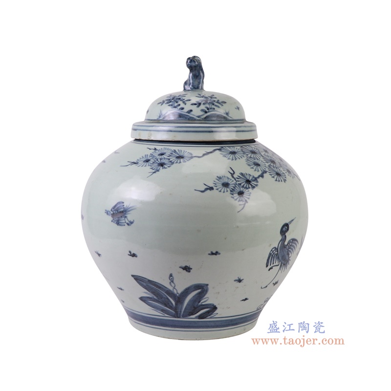 RZSX19-B青花松鹤纹狗头罐侧面图
