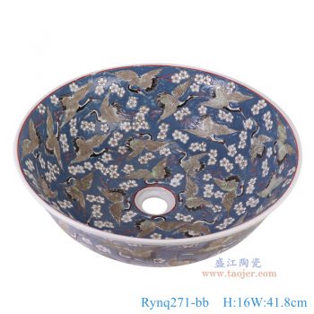 Rynq271-bb 蓝底仙鹤纹台盆 高16直径41.8底径20.5重量6.4KG
