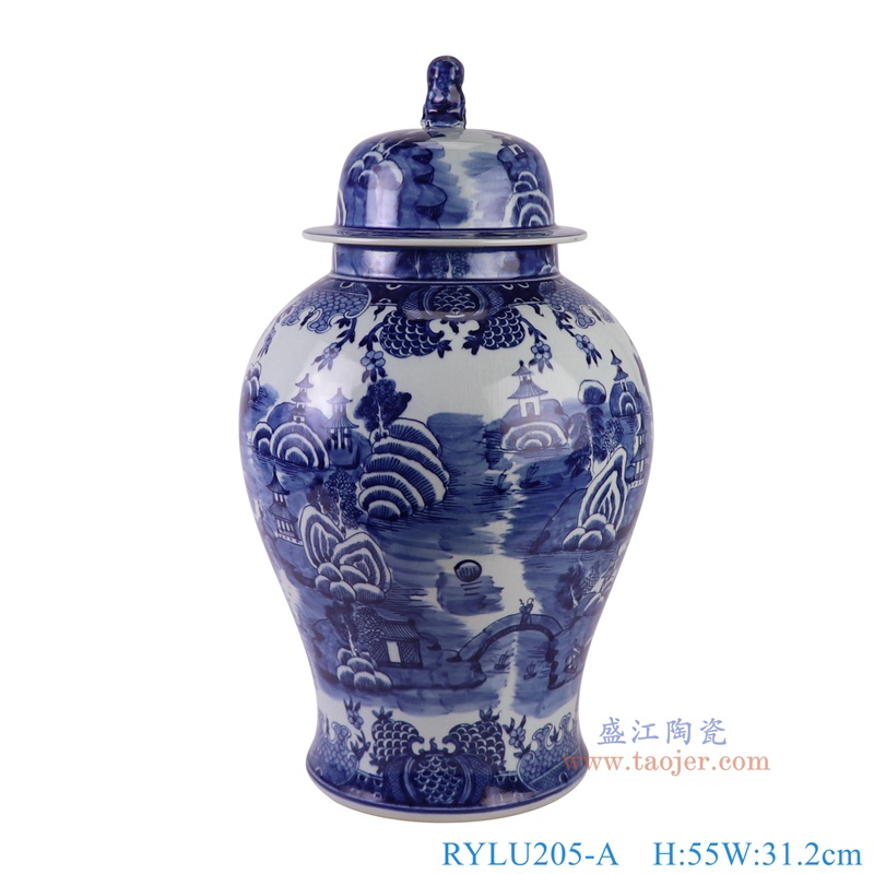 RYLU205-A青花梧桐山水将军罐正面图
