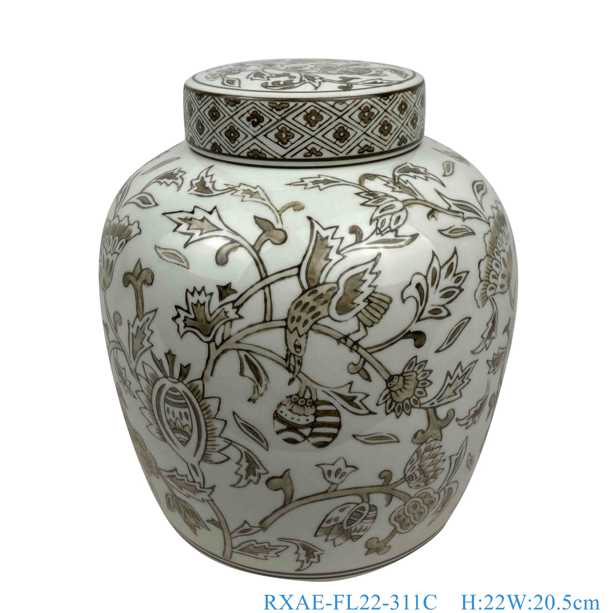 RXAE-FL22-311C棕色花鸟平顶罐坛子