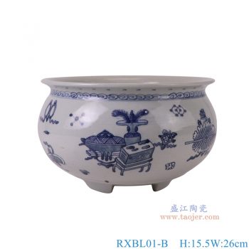RXBL01-B 青花博古纹三足香炉 高15.5直径26底径14重量2.4KG