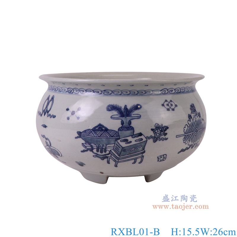 RXBL01-B 青花博古纹三足香炉高15.5直径26底径14重量2.4KG | 景德镇盛 