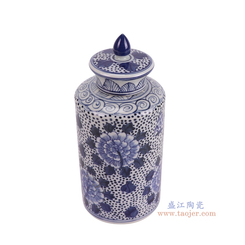 RXBN03青花牡丹纹直筒茶叶罐俯视图