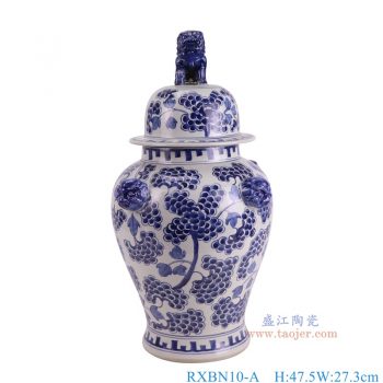 RXBN10-A  青花葡萄纹狮子头将军罐 高47.5直径27.3底径15.7重量4.8KG