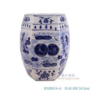 RXBN14-A  青花荷花六方凳子 高45.8直径34.5底径22.5重量8.6KG