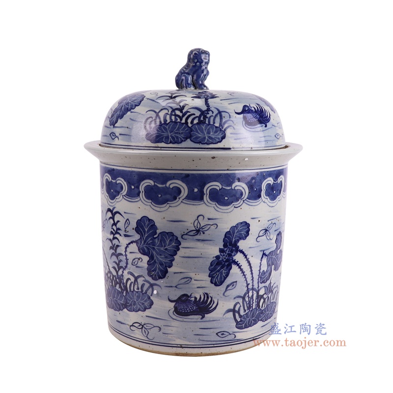 RXBN15-A青花荷花鸳鸯狮子头盖罐侧面图
