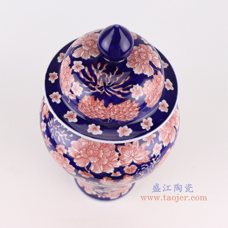 RYCI66-B青花蓝底釉里红万花将军罐俯视图