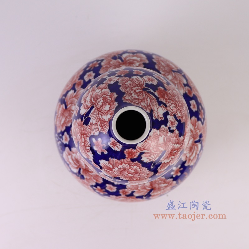 RYCI71-A青花蓝底釉里红万花葫芦瓶顶部图