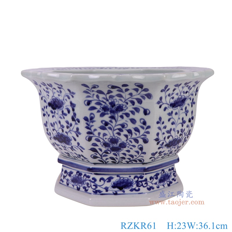 RZKR61青花花卉八角花盆正面图