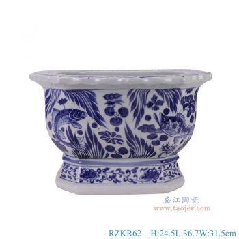 RZKR62  青花鱼藻纹八角花盆 高24.5直径36.7底径27.2重量7.25KG